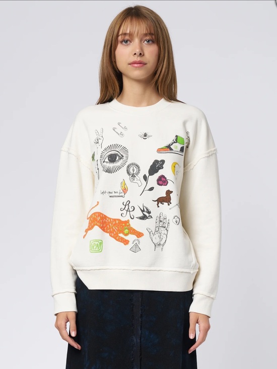 Raquel Allegra Tops - Raquel Allegra Dirty White Hesperia Sweatshirt with Fun Graphics